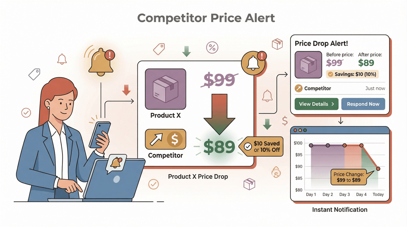 Competitor price alert workflow showing a woman receiving a notification about a product price drop from $99 to $89.