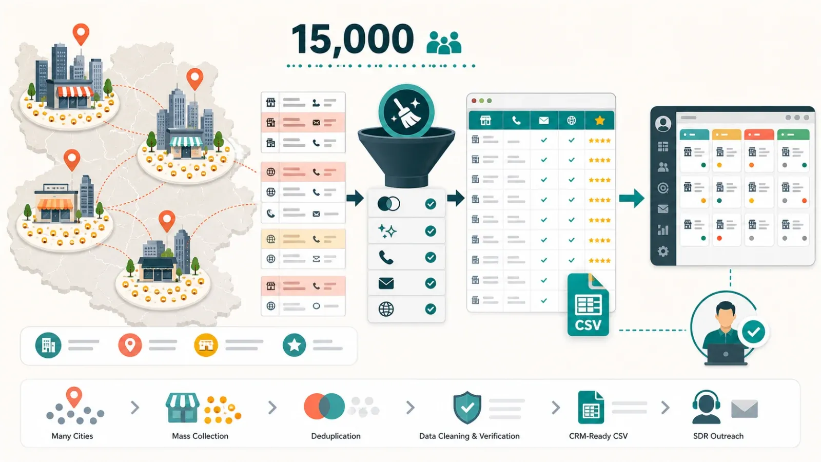 Infographic illustration of a 15,000-record cross-region lead list being deduped, cleaned, and delivered as a CRM-ready CSV