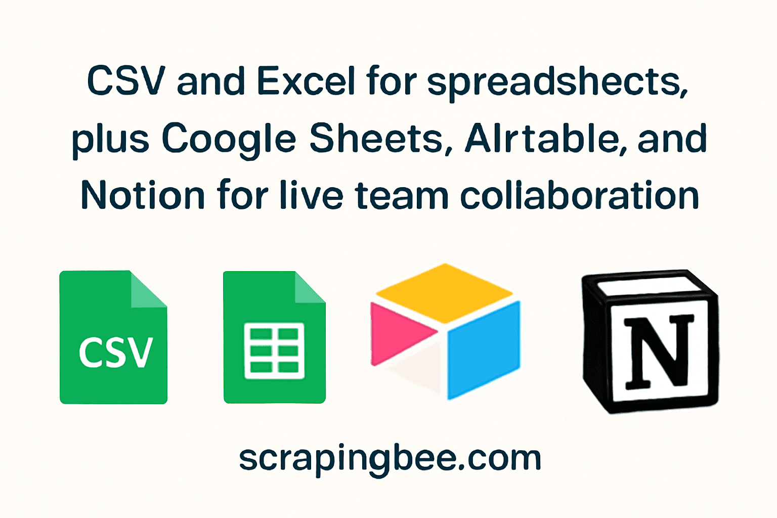Spreadsheet and collaboration tools overview with CSV, Google Sheets, Airtable, and Notion icons, plus scrapingbee.com URL.