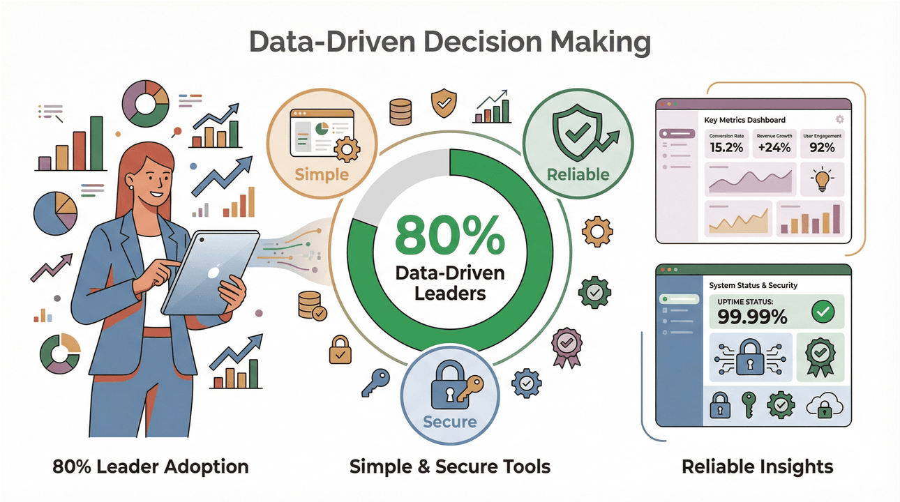 Data-driven decision making infographic with charts, dashboards, and 80% data-driven leaders highlighted.