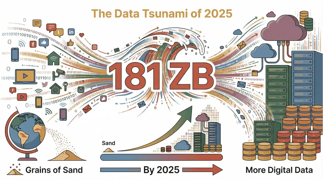 Data tsunami 2025 infographic showing 181 zettabytes of digital data surpassing grains of sand, with icons for data sources and storage.