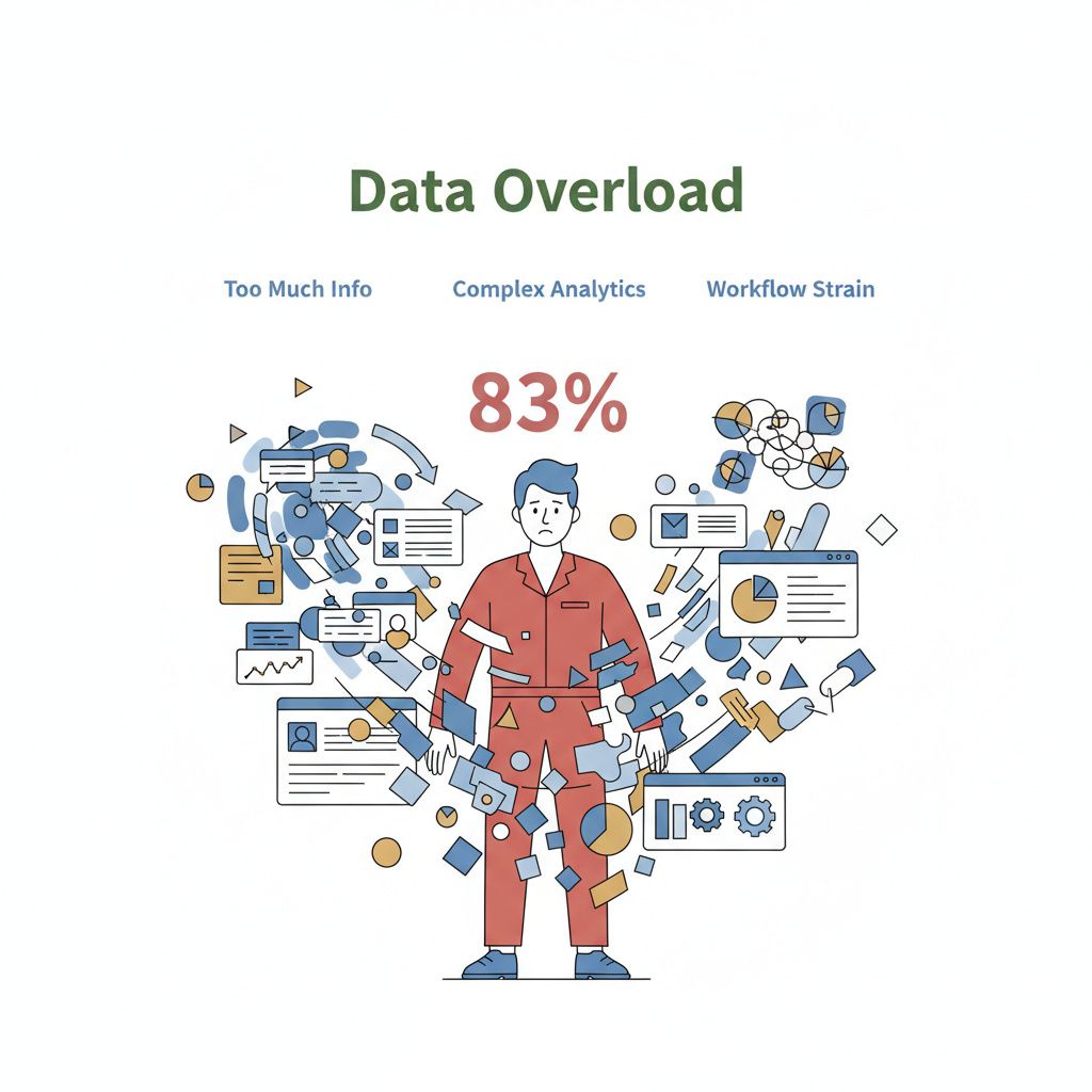 Data overload illustration with overwhelmed person surrounded by charts, graphs, and the statistic "83%