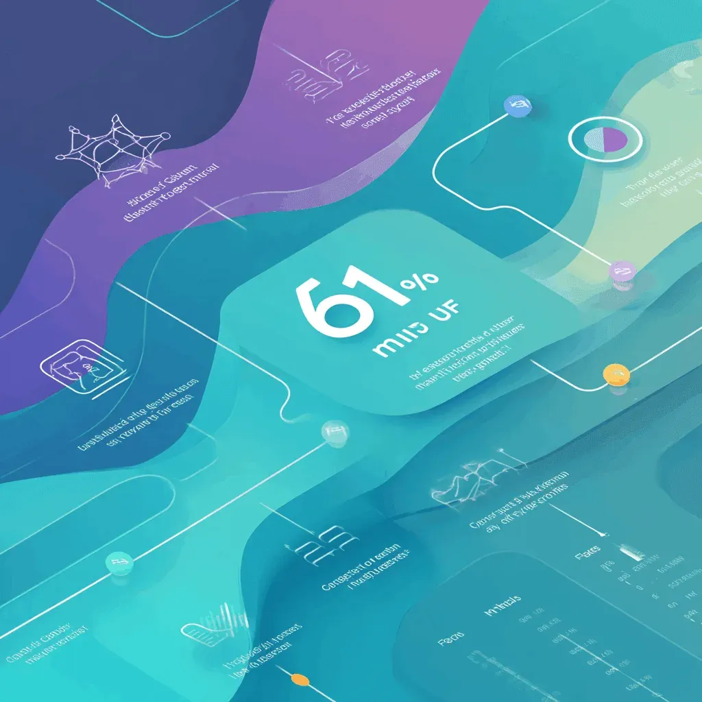 Colorful infographic with abstract waves, icons, and a central statistic reading "61% mid UF" in large text.