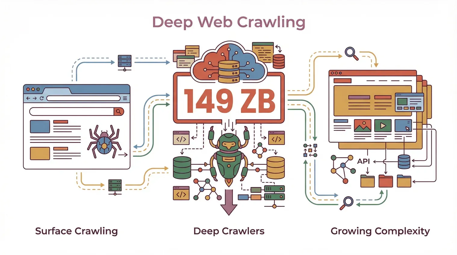 Deep web crawling process diagram showing surface crawling, deep crawlers, and increasing complexity with 149 ZB data.