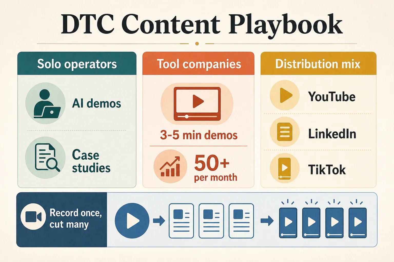 DTC content playbook across YouTube LinkedIn and TikTok infographic
