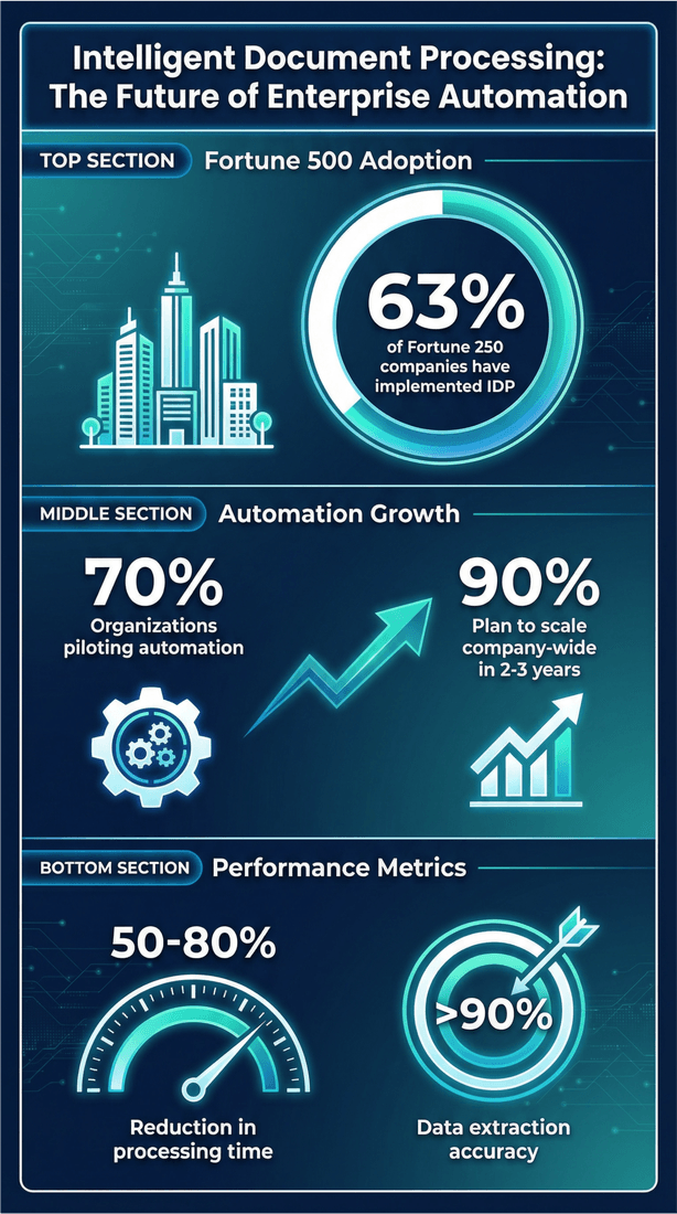 Intelligent document processing infographic with statistics on Fortune 500 adoption, automation growth, and performance metrics.