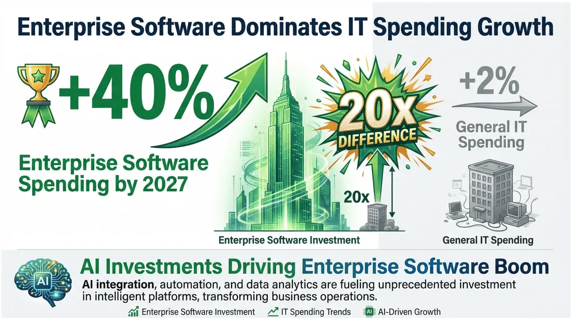 Enterprise software spending projected to grow 40% by 2027, outpacing general IT spending by 20 times, driven by AI investments.