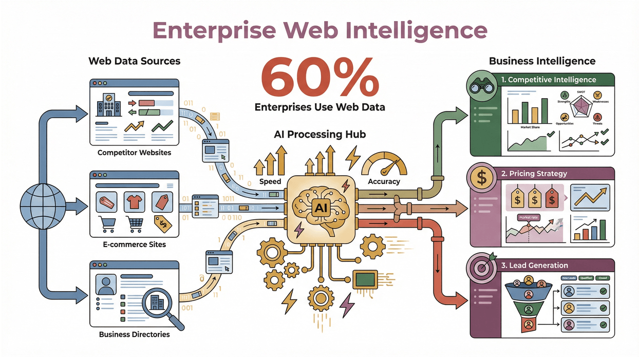Enterprise web intelligence workflow showing web data sources processed by AI for business intelligence, pricing strategy, and lead generation.