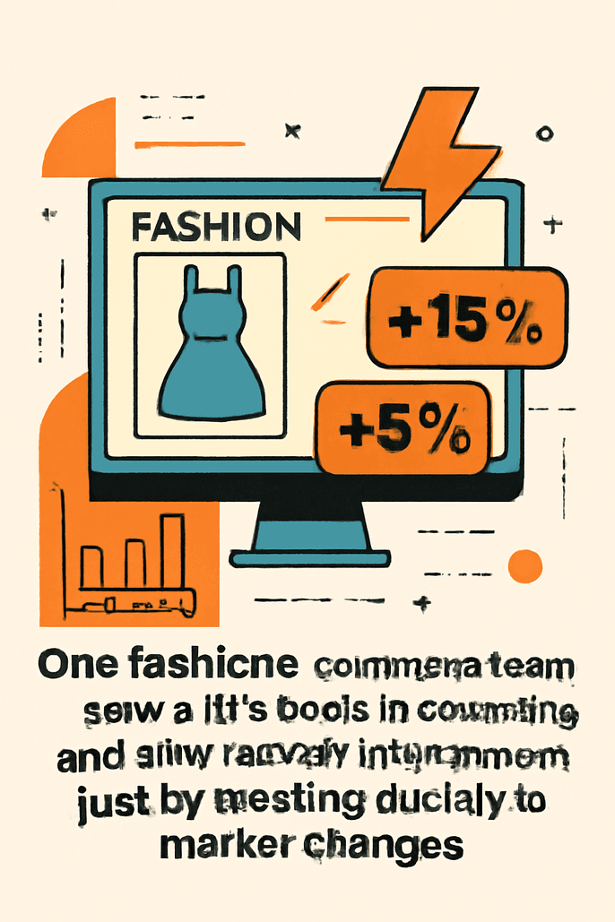 Fashion ecommerce dashboard with dress icon, percentage increase indicators, and partially illegible text below.