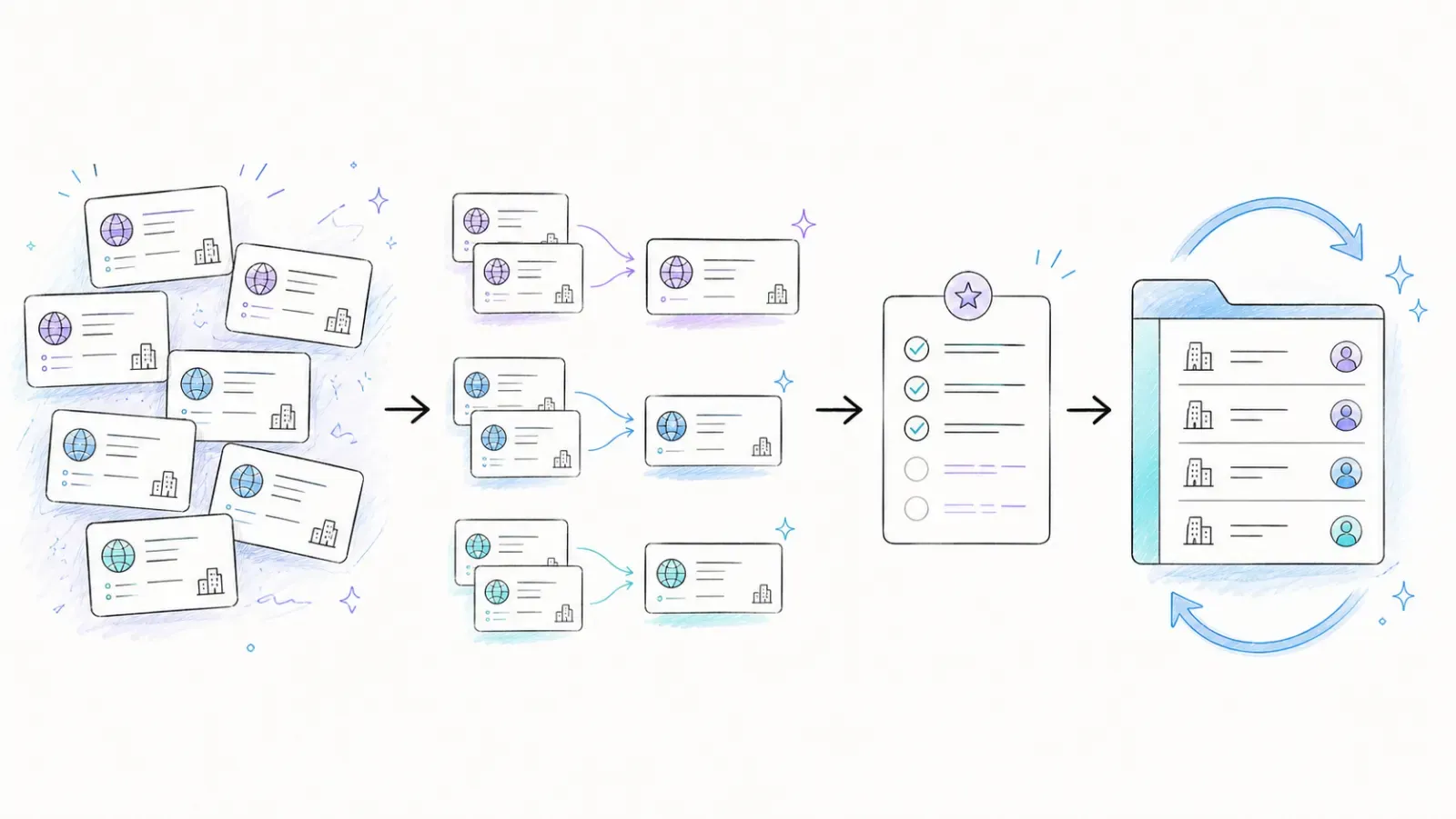 Domain cleanup, deduplication, qualification, and CRM refresh as one pipeline