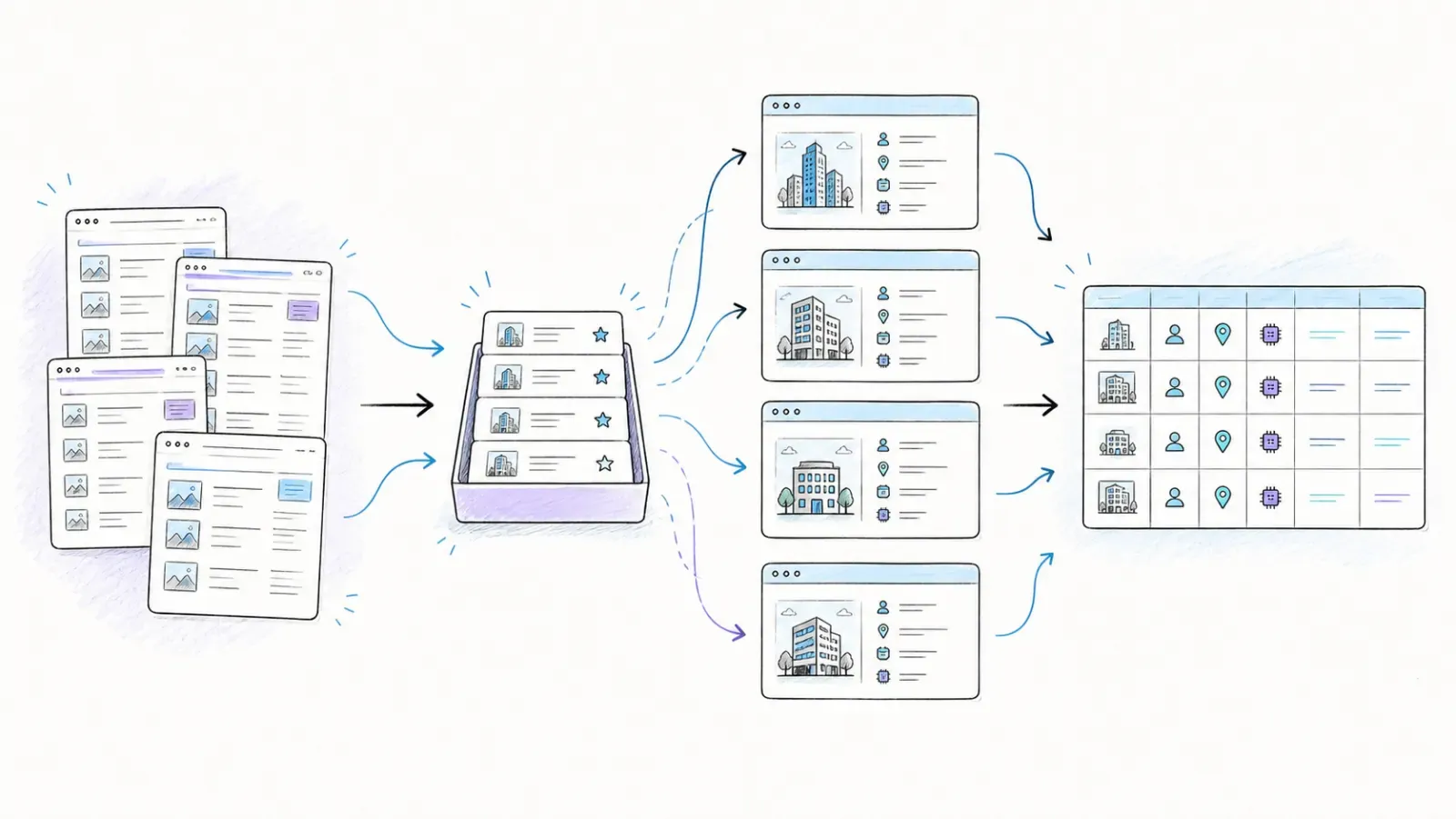 A two-pass workflow enriching list-page candidates with subpage evidence