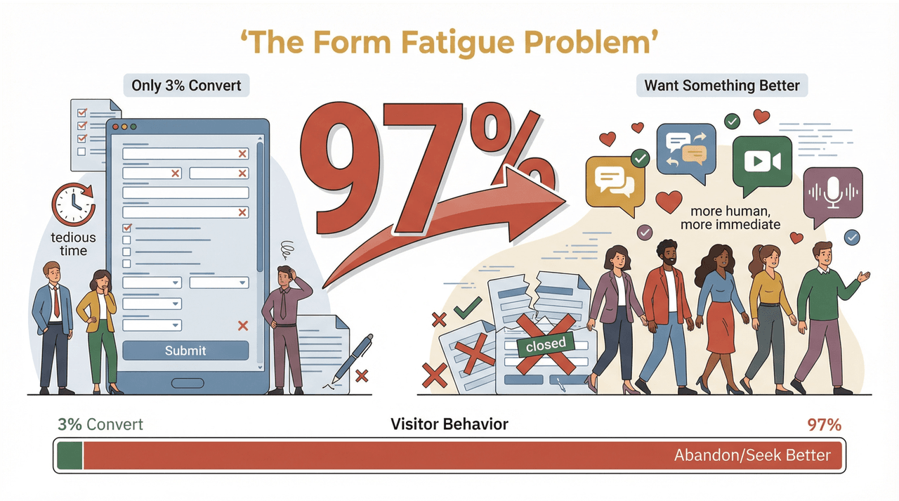  Form fatigue problem infographic showing 97% of visitors abandon tedious forms for more immediate, human alternatives.
