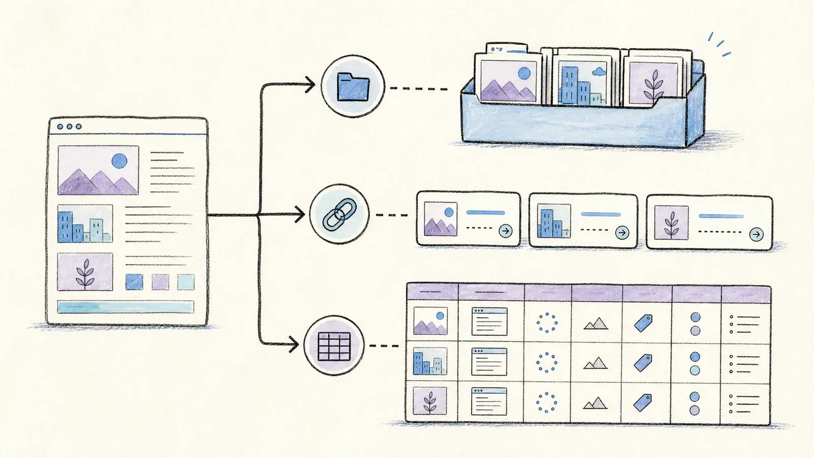 Three image extraction outputs: a file folder, a URL list, and a contextual data table