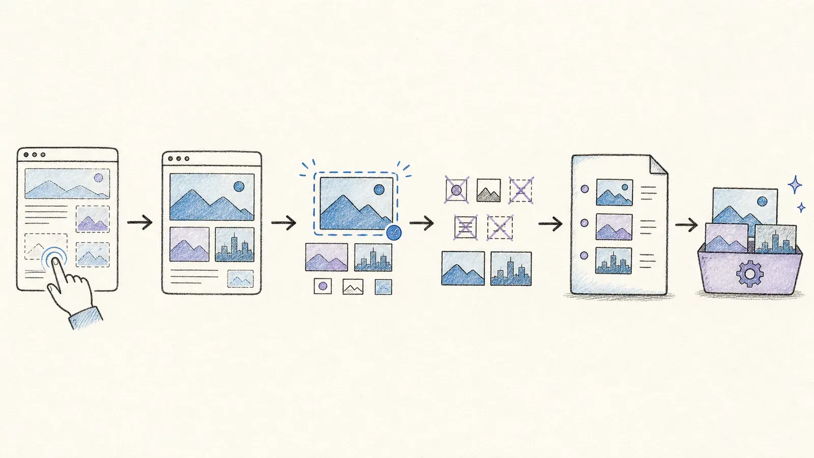 An image quality pipeline moving from discovery through resolution checks and deduplication