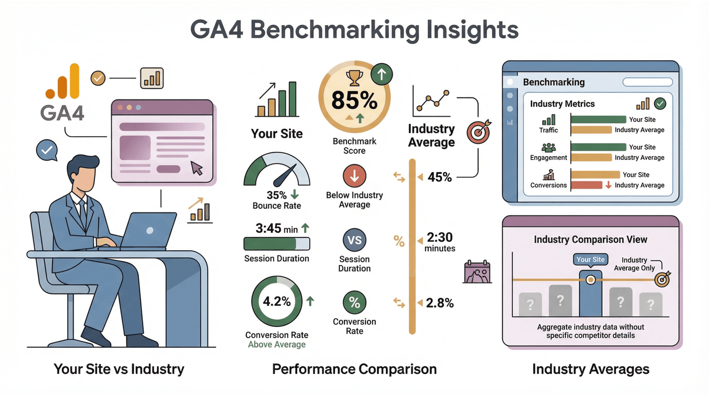 GA4 benchmarking insights dashboard comparing site metrics to industry averages with charts and summary statistics.