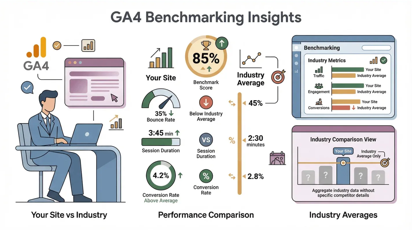 GA4 benchmarking insights dashboard comparing site metrics to industry averages with charts and summary statistics.