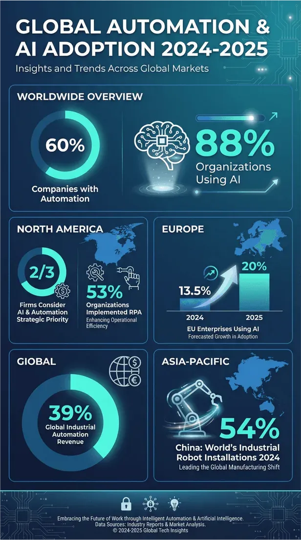 Infografika przedstawiająca globalne wdrażanie automatyzacji i AI w latach 2024–2025 z danymi regionalnymi i kluczowymi procentami.