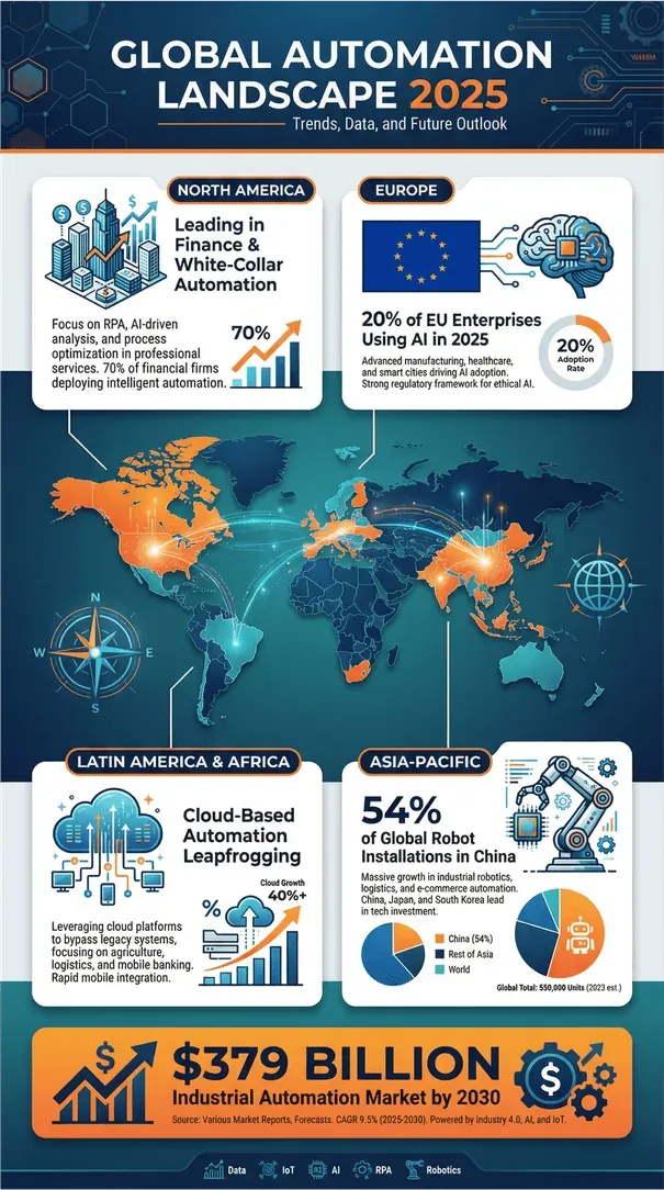 Infografika globalnego krajobrazu automatyzacji 2025 z trendami regionalnymi, poziomem wdrożeń i prognozą rynku na 379 mld USD.
