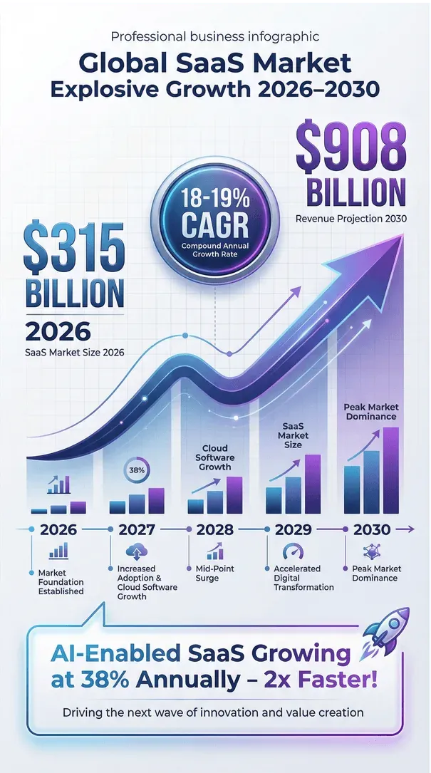 Global SaaS market growth infographic 2026–2030 with revenue projections, CAGR, and AI-enabled SaaS growth rate.