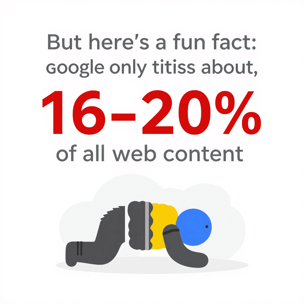 Google indexes only 16–20% of all web content, with illustration of a crawling robot.