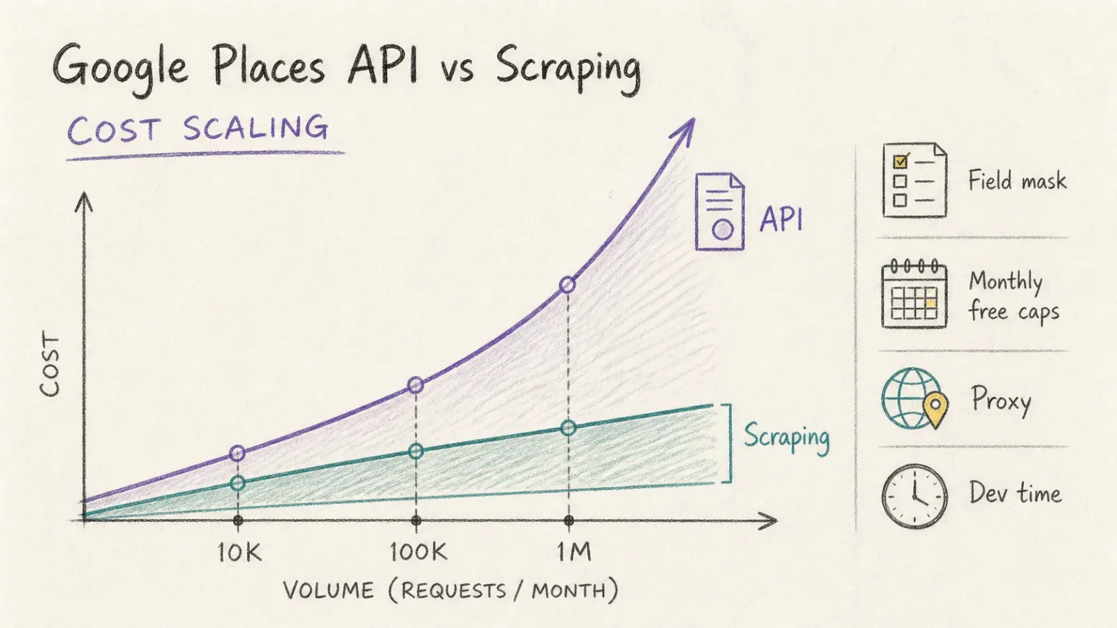 Cost scaling comparison between the Google Places API and scraping at 10K, 100K, and 1M records
