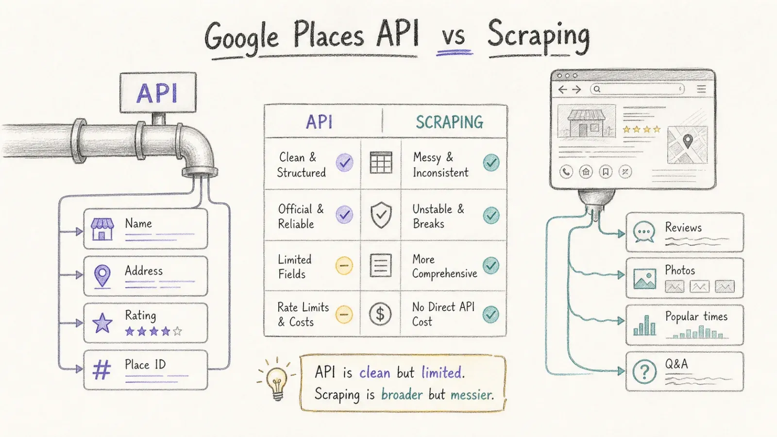 Field-by-field comparison of Google Places API data and Google Maps scraping