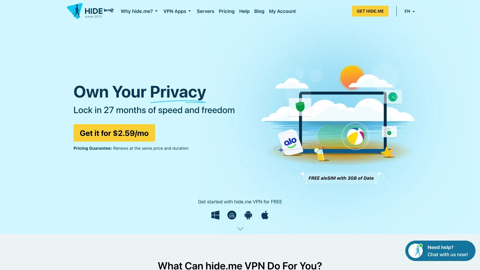 Hide.me official website screenshot