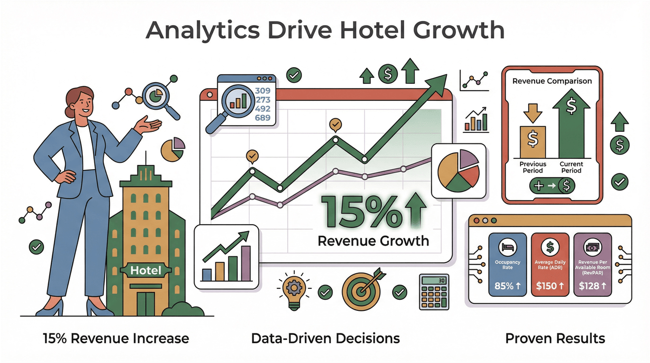Analytics drive hotel growth infographic with charts, graphs, and hotel metrics highlighting 15% revenue increase.