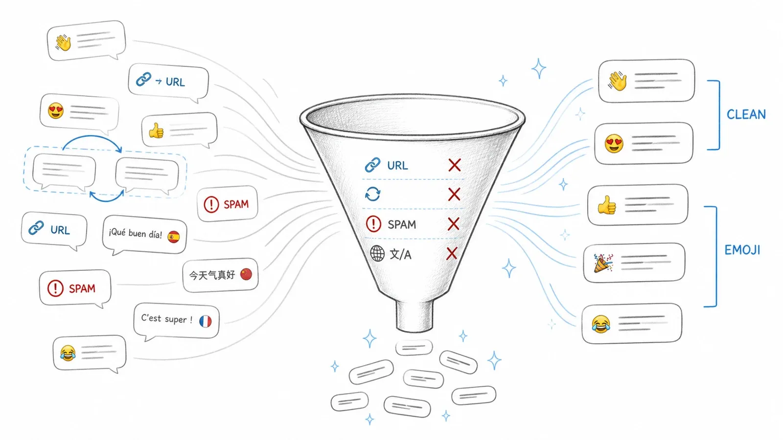 Tweet preprocessing pipeline for URLs, mentions, hashtags, emoji, and negation
