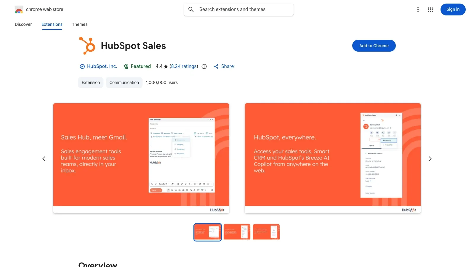 Listado de HubSpot Sales en la Chrome Web Store
