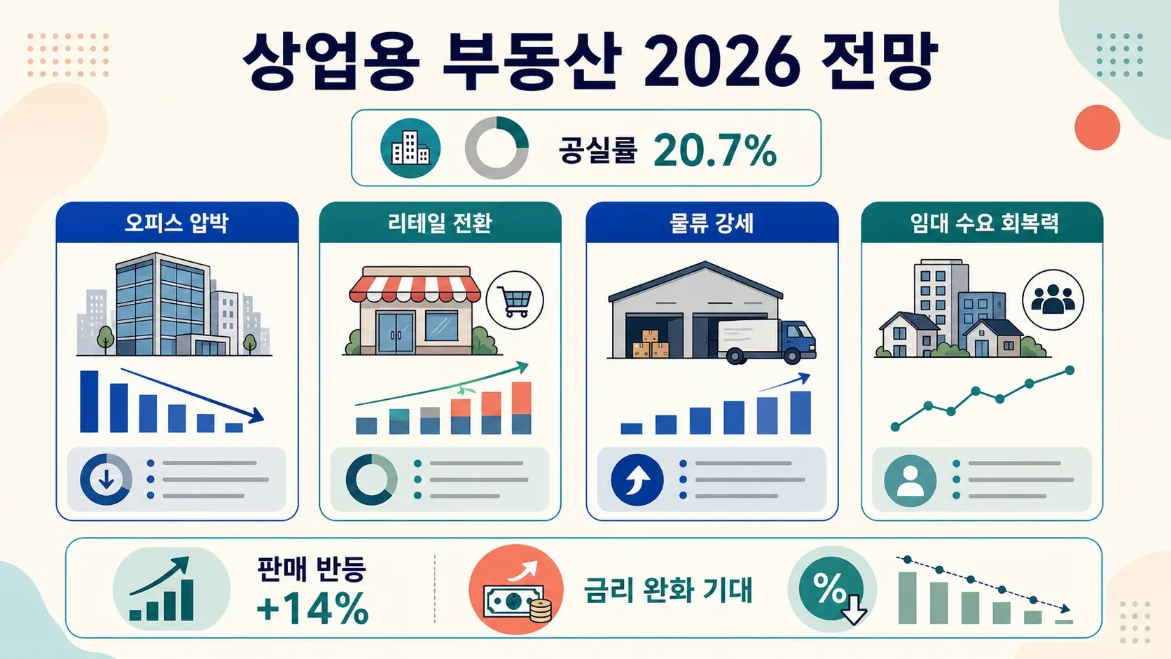 상업용 부동산과 2026년 시장 전망을 보여주는 인포그래픽으로, 트렌드, 예측, 그리고 점진적 회복이라는 핵심 메시지를 담고 있습니다.