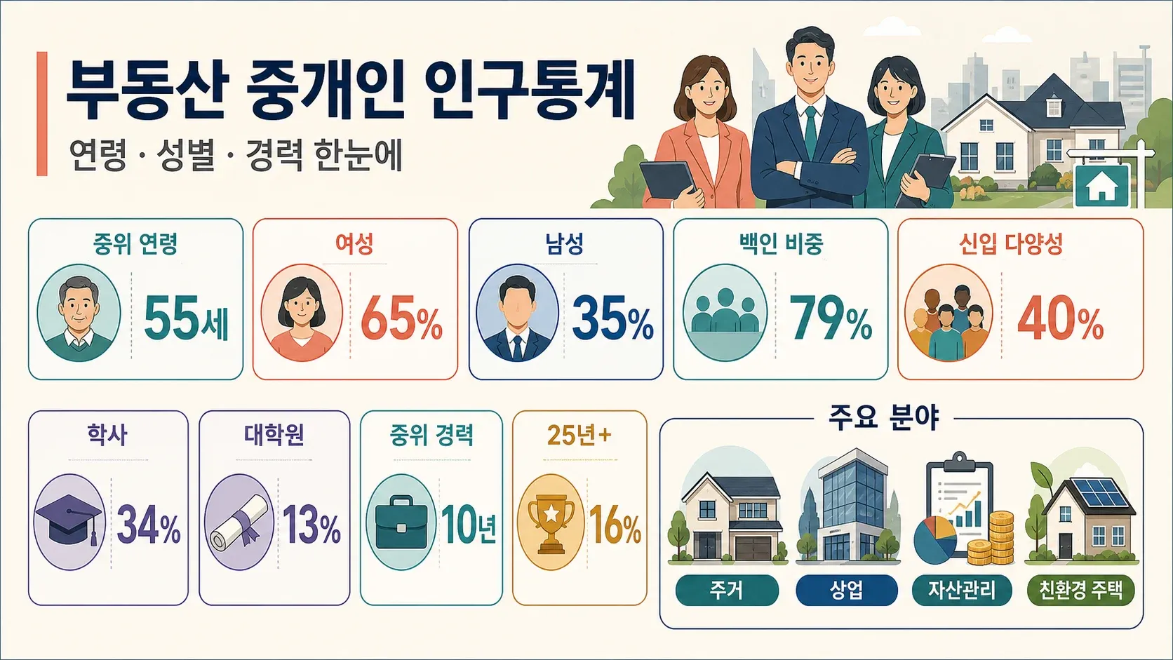 연령, 성별, 인종, 학력, 경력, 전문 분야를 보여주는 부동산 중개인 인구통계 인포그래픽.