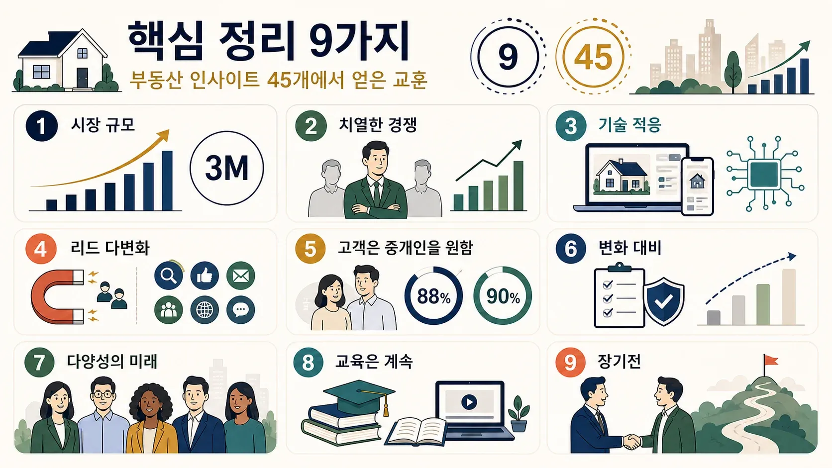 시장, 경쟁, 기술, 리드, 고객, 변화, 다양성, 교육, 장기 전략에 대한 간단한 팁을 담은 2026년 부동산 핵심 정리 9가지 인포그래픽.