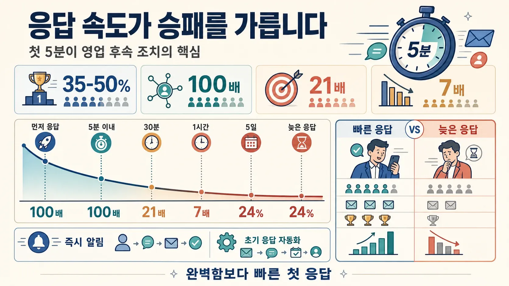 5분 이내 응답이 느린 경쟁사보다 성공률을 얼마나 크게 높이는지 보여주는 영업 응답 타이밍 인포그래픽.