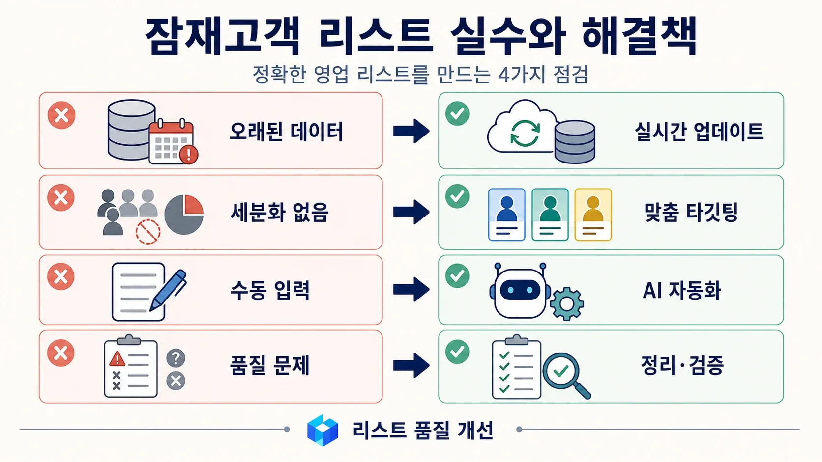  Common list building mistakes infographic with visual comparisons of outdated data, manual entry, no segmentation, and data quality issues versus best practices.