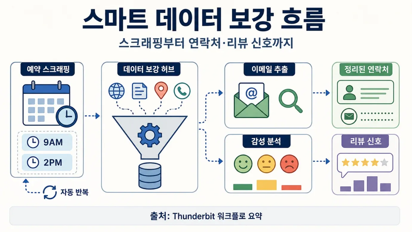 예약 스크래핑, 데이터 보강 허브, 이메일 추출, 감성 분석을 보여주는 스마트 데이터 보강 워크플로 다이어그램.