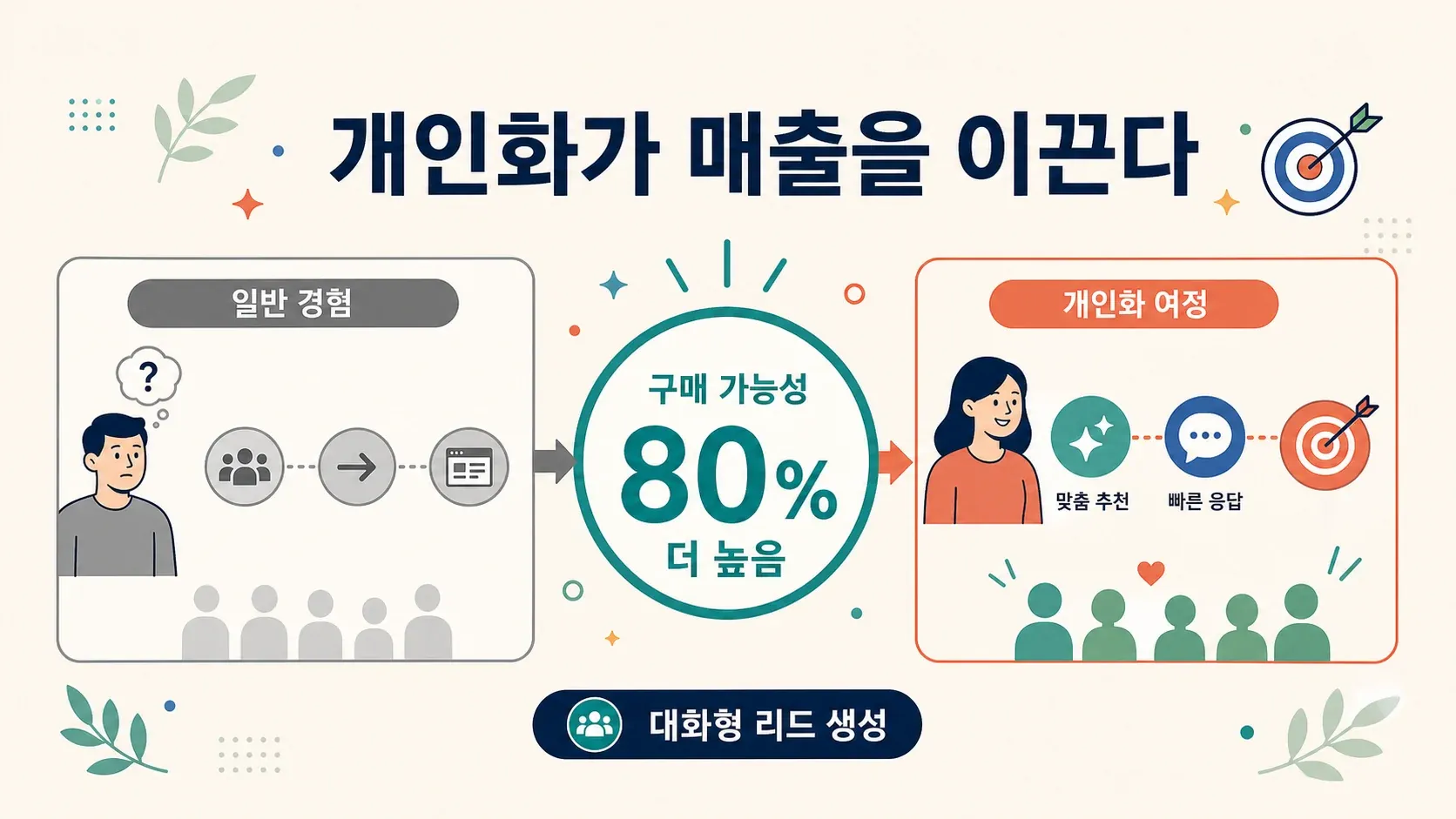 개인화가 매출을 끌어올린다는 인포그래픽으로, 일반적인 경험과 개인화된 여정을 비교하며 구매 가능성이 80% 높아진다는 점을 강조합니다.
