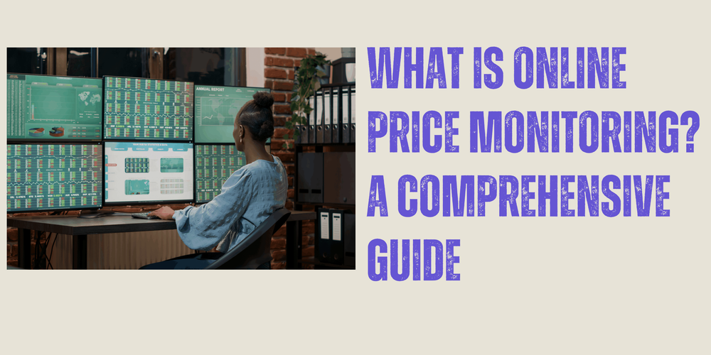 A person sits at a desk with multiple computer monitors displaying data, next to large text that reads, "What is Online Price Monitoring? A Comprehensive Guide.