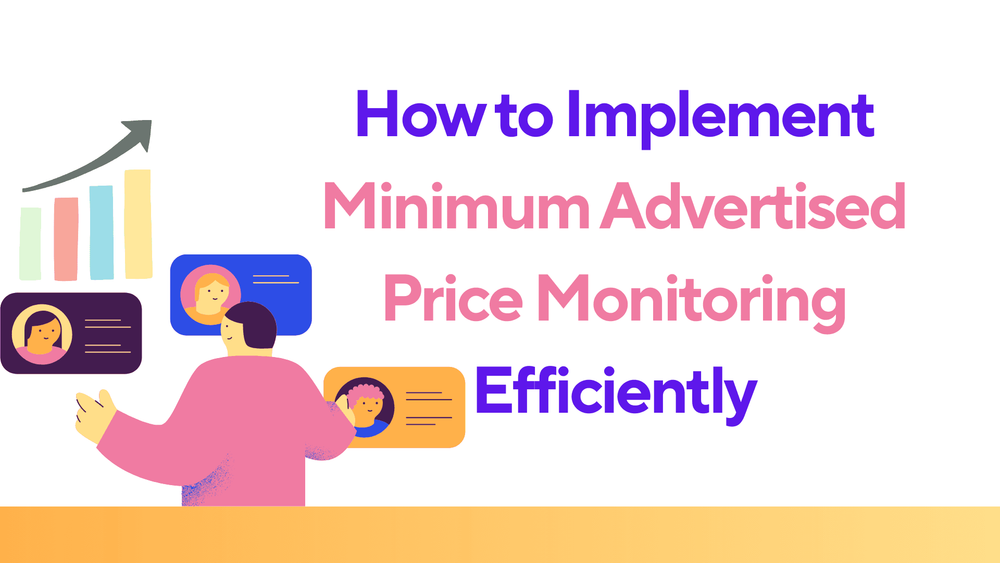 How to implement minimum advertised price monitoring efficiently presentation slide with illustrated people and bar chart.