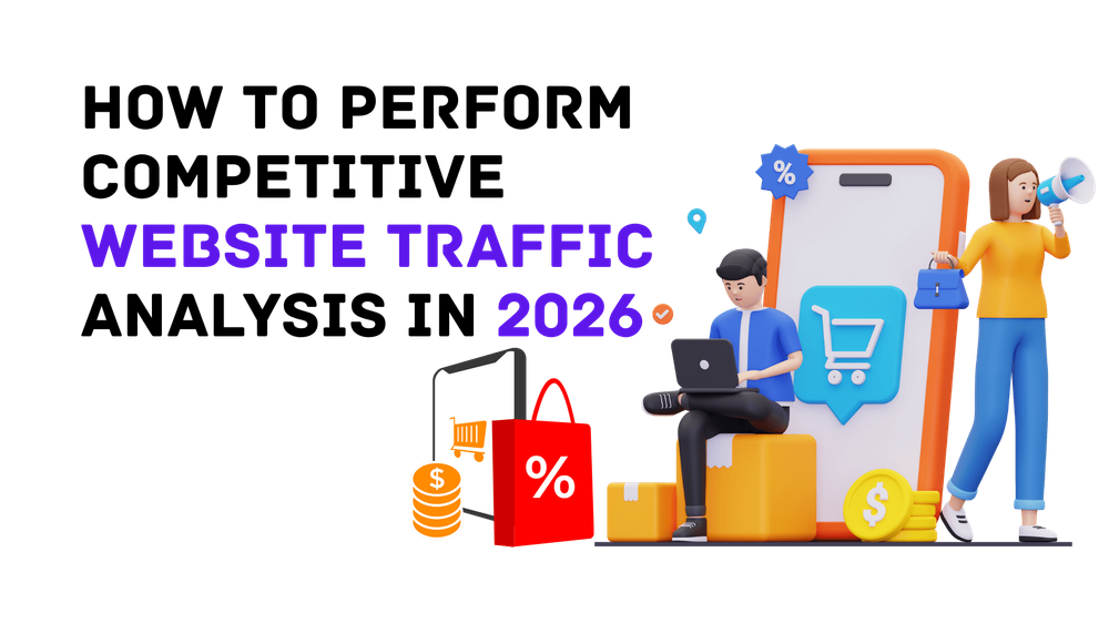 Website traffic 2026 with 3D characters, shopping icons, and digital marketing elements