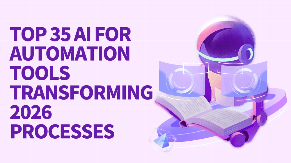 Top 35 AI for automation tools transforming 2026 processes with robot and digital screens illustration