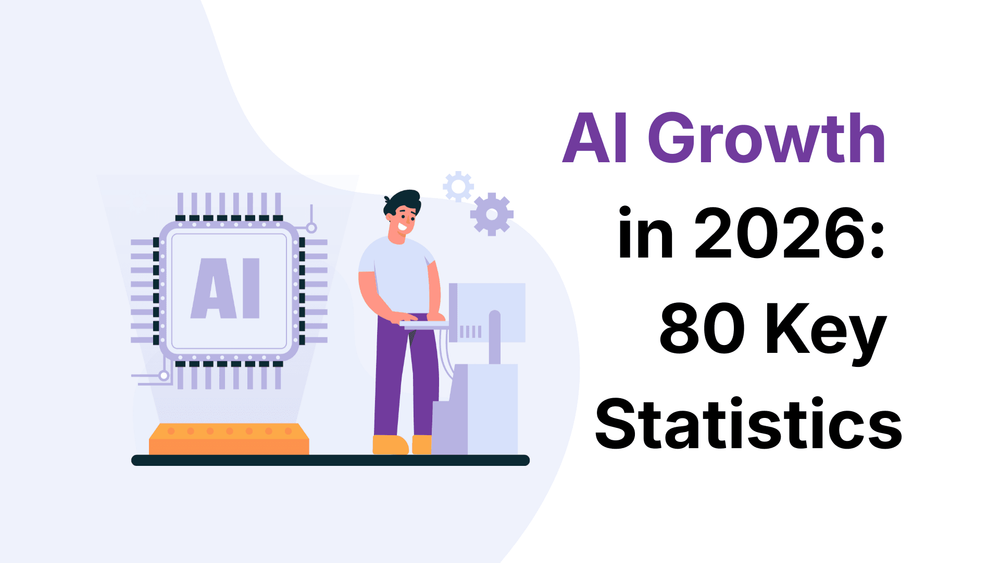 AI growth in 2026 with 80 key statistics and illustration of a person at a computer next to a large AI chip.