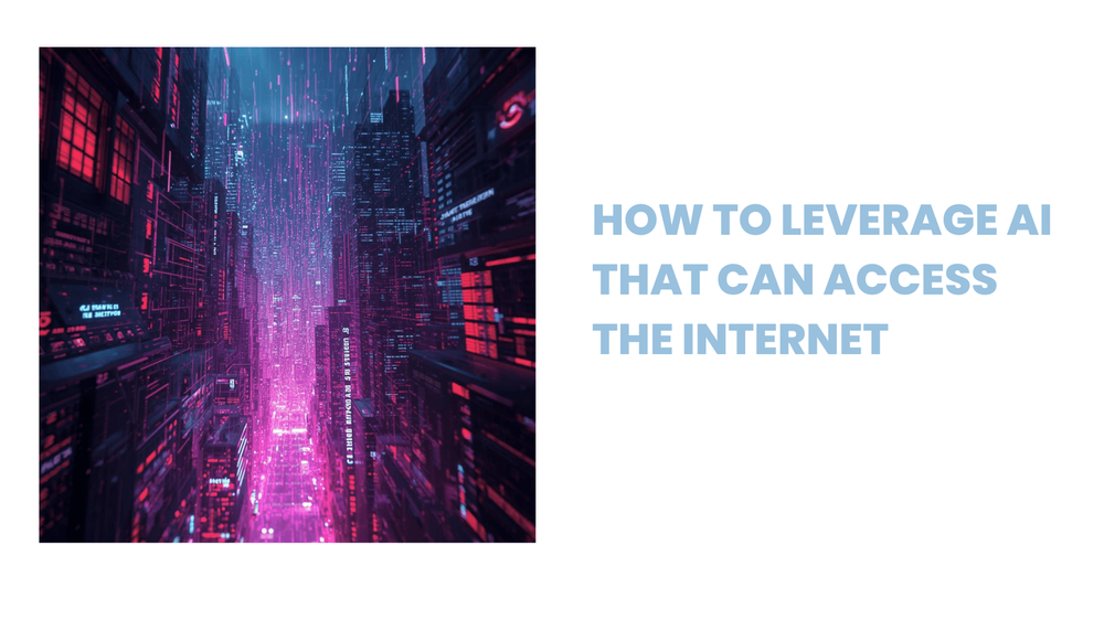 Futuristic digital cityscape with glowing pink and blue lights next to bold text "How to leverage AI that can access the internet
