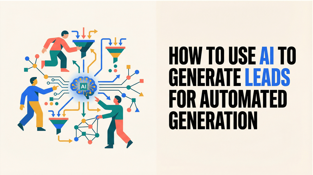 AI lead generation automation concept with illustrated people, funnels, and network connections next to bold headline text.