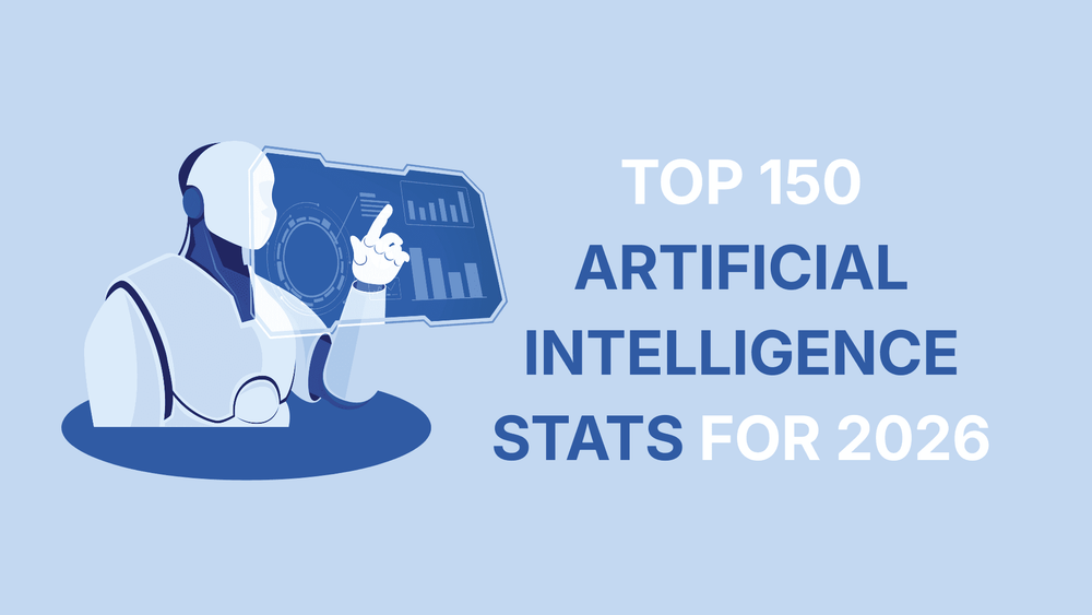 Robot illustration with digital charts and text Top 150 Artificial Intelligence Stats for 2026