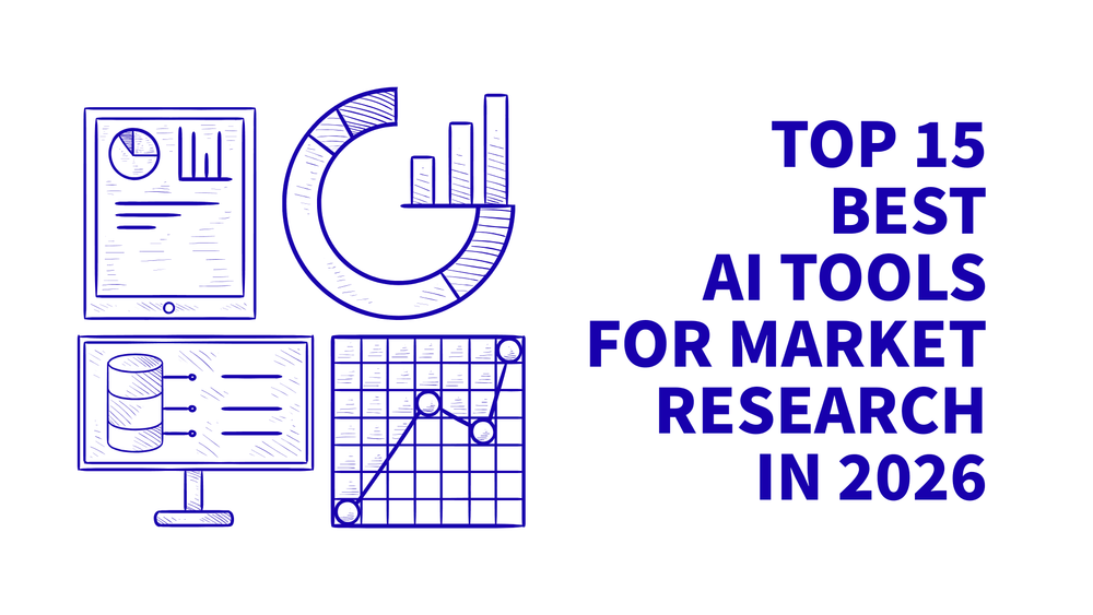 Top 15 best AI tools for market research in 2026 with blue hand-drawn analytics icons