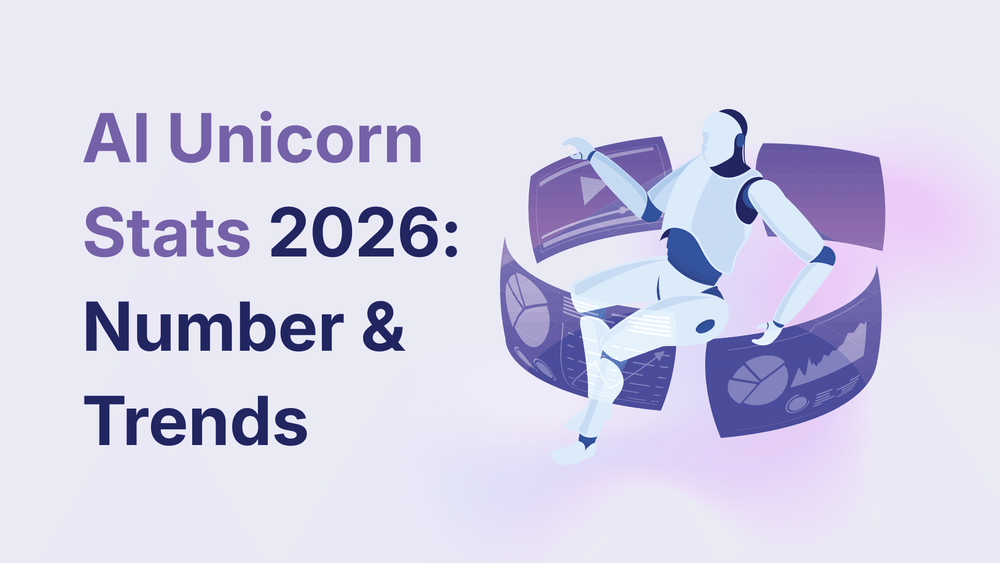 AI Unicorn Stats 2026 title with robot and digital data charts illustration