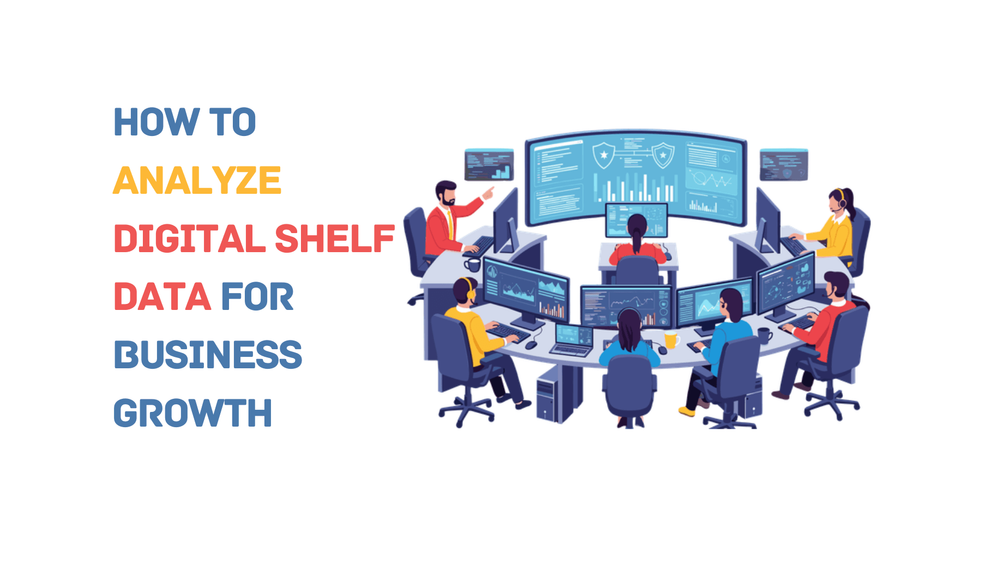 How to analyze digital shelf data for business growth with illustrated team at computer workstations displaying analytics dashboards