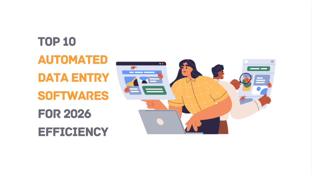 Top 10 automated data entry softwares for 2026 efficiency with illustrated people analyzing bug-filled screens