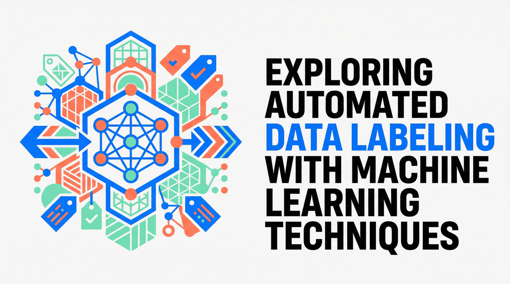 Exploring automated data labeling with machine learning techniques graphic with neural network and tag icons